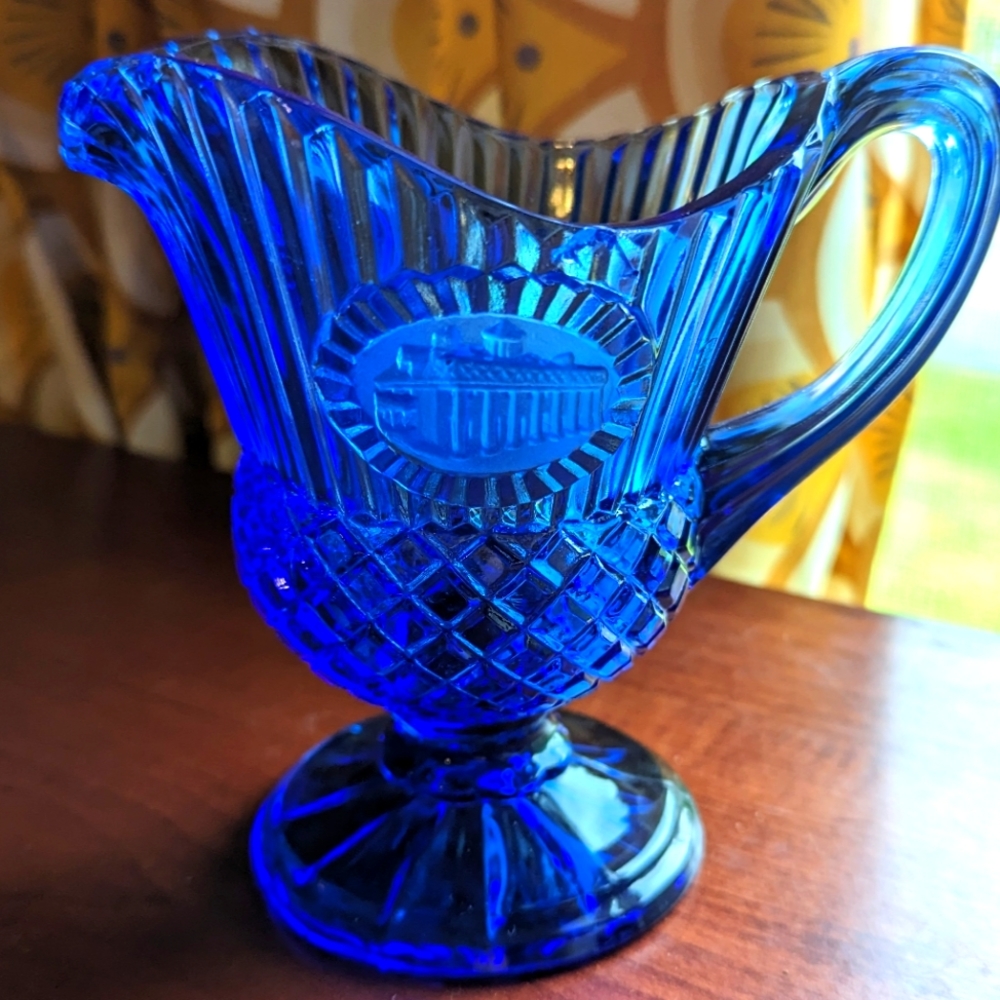 Vintage Avon Fostoria Cobalt Blue Pitcher with Mount Vernon